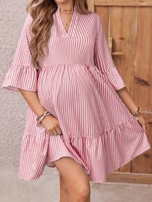GentleRue Maternity Women's Stand Collar Striped Shirt Dress With Three-Quarter Sleeves For Maternity Fall - Pink - View 5