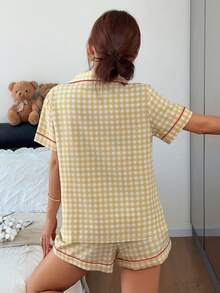 Napfluff Women's Contrast Trim Yellow Plaid Print Pocket Heart Embroidery Lapel Shorts Pajama Set - Yellow - View 2