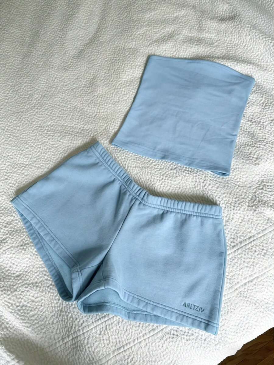 IslaSuriya 女士休闲度假通勤纯色抹胸上衣和短裤套装，夏季 - 淺藍色 - 查看 1