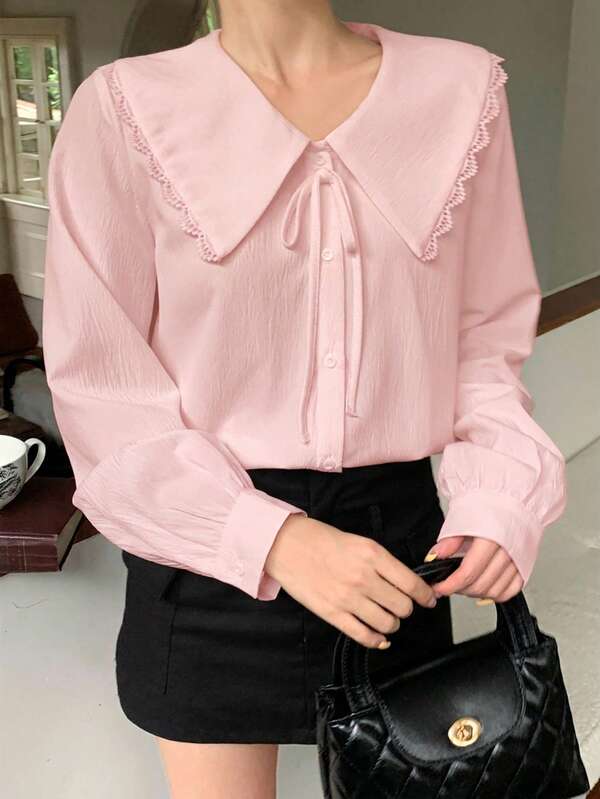 SHEIN Teen Girl Bow Tie Peter Pan Collar Lace Trim Lantern Sleeve Preppy Casual Versatile Pink Blouse, Elegant Preppy Casual Pink Blouse, Versatile Blouse