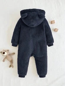 Cozy Pixies Baby Boy Cartoon Bear Pattern 3D Ears Hooded Thermal Lined Medium-Thick One-Piece Long Winter Pants - Multicolor - View 2