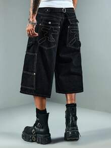 ROMWE MEN Men's Loose Fit Cargo Denim Shorts - Black - View 5