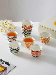 8pcs Bohemian Ikat Diamond & Zigzag Pattern Ceramic Tea Cup Set, Per Color Stackable Hand-Painted Mini Porcelain Mug, Suitable For Coffee, Kung Fu Tea, Home Gift - Multicolor - View 9