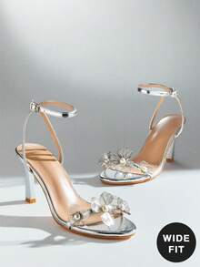 SHUZIA Women's Wide-Fit Minimalist Fashion Comfy Round Toe Floral Decor Stiletto Heel Sandals - Metallic Silver - View 7