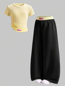 SHEIN 青少年女孩休閒百搭居家服 北歐風舒適針織圓領無袖短版背心 + 對比色雙腰帶運動長褲套裝 - 黑色 - 查看 6