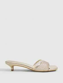 CUCCOO SZL Women's Golden Square Toe Fashion Daily Travel Casual Versatile Thin Heel Rhinestone Slippers Kitten Heels - Golden PU - View 2