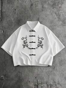 ROMWE MEN Street Life Camisa casual versátil de uso diario para hombre con estampado de tigre y botones de rana - Blanco - Ver 1