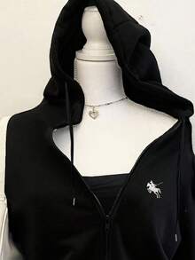 SHEIN EZwear 休閒極簡復古風馬標誌印花寬鬆長袖拉鍊抽繩加厚運動衫，適合女性，適用於秋冬 - 黑色 - 查看 3