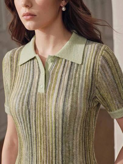 Anewsta Essential Women's Colorful Striped Polo Collar Short Sleeve Top, Cute Casual Design, Summer