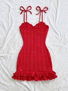 Soleia 女款度假風海星裝飾刺繡雙層荷葉邊下擺針織洋裝，適合約會與下午茶 - 紅色 - 查看 2