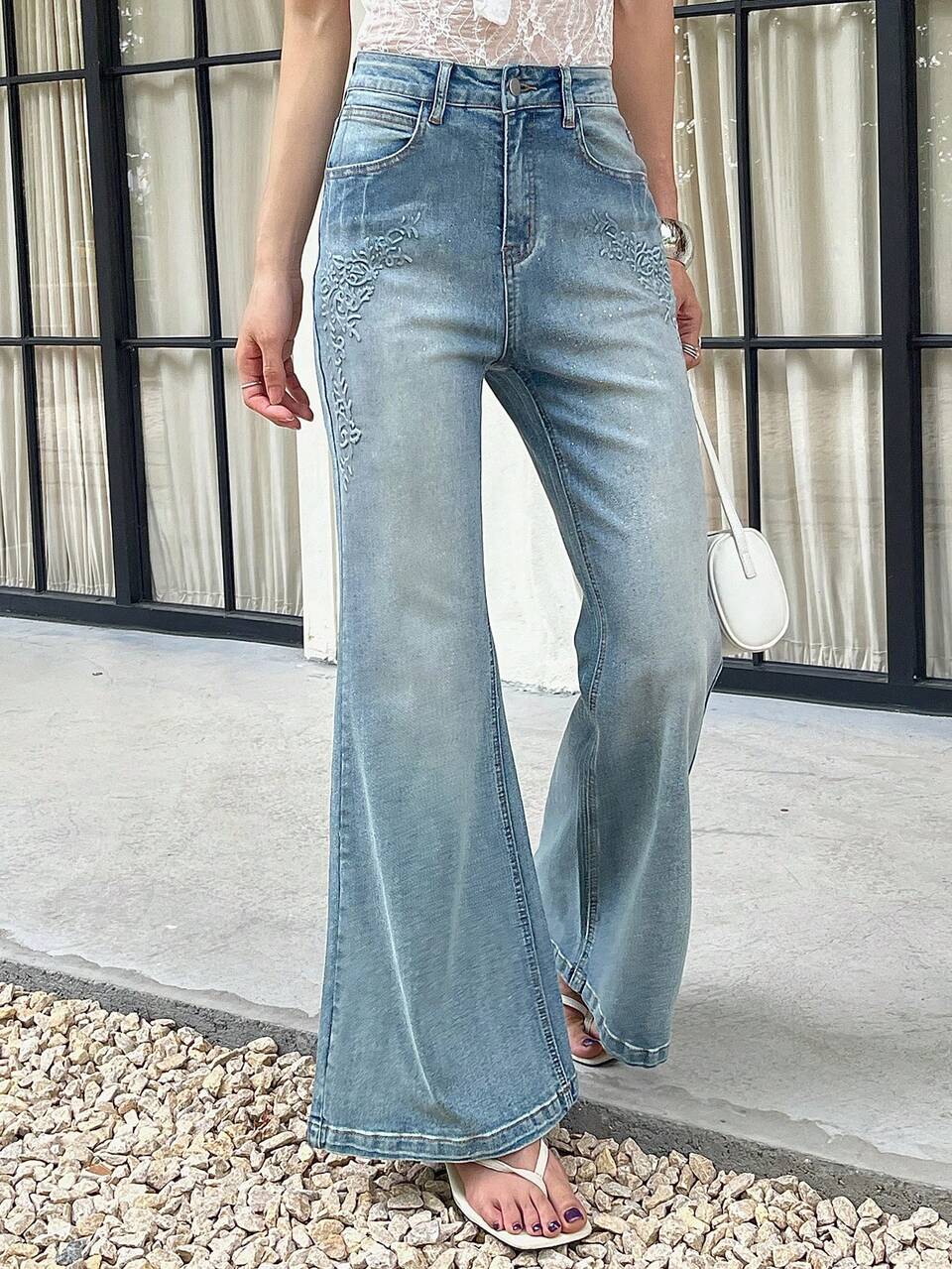 Women's Floral 3D Embossed Design Flare Leg Jeans, Elegant Vacation Style