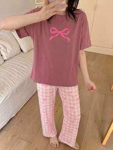 SHEIN 儿童少女睡衣套装，随机发货，1套，休闲宽松格子蝴蝶结图案圆领短袖上衣和长裤家居服，适合春夏季穿着。 - 粉色 - 查看 4