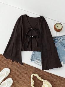 Teen Girls Casual Solid Color Tie-Front Long Sleeve Shirt - Coffee Brown - View 1