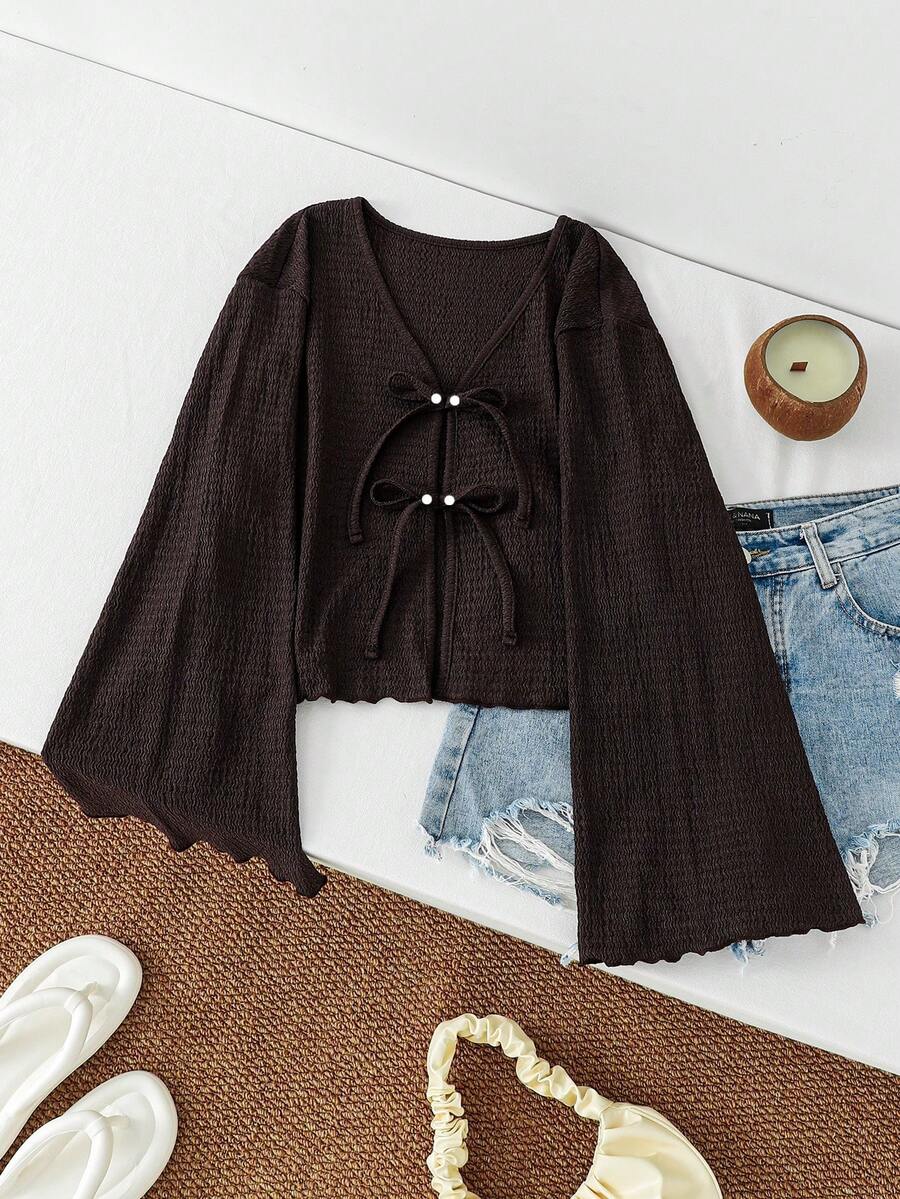 Teen Girls Casual Solid Color Tie-Front Long Sleeve Shirt - Coffee Brown - View 1