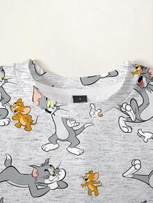 TOM & JERRY X SHEIN 女款卡通印花圓領長袖休閒運動衫 - 白色 - 查看 3