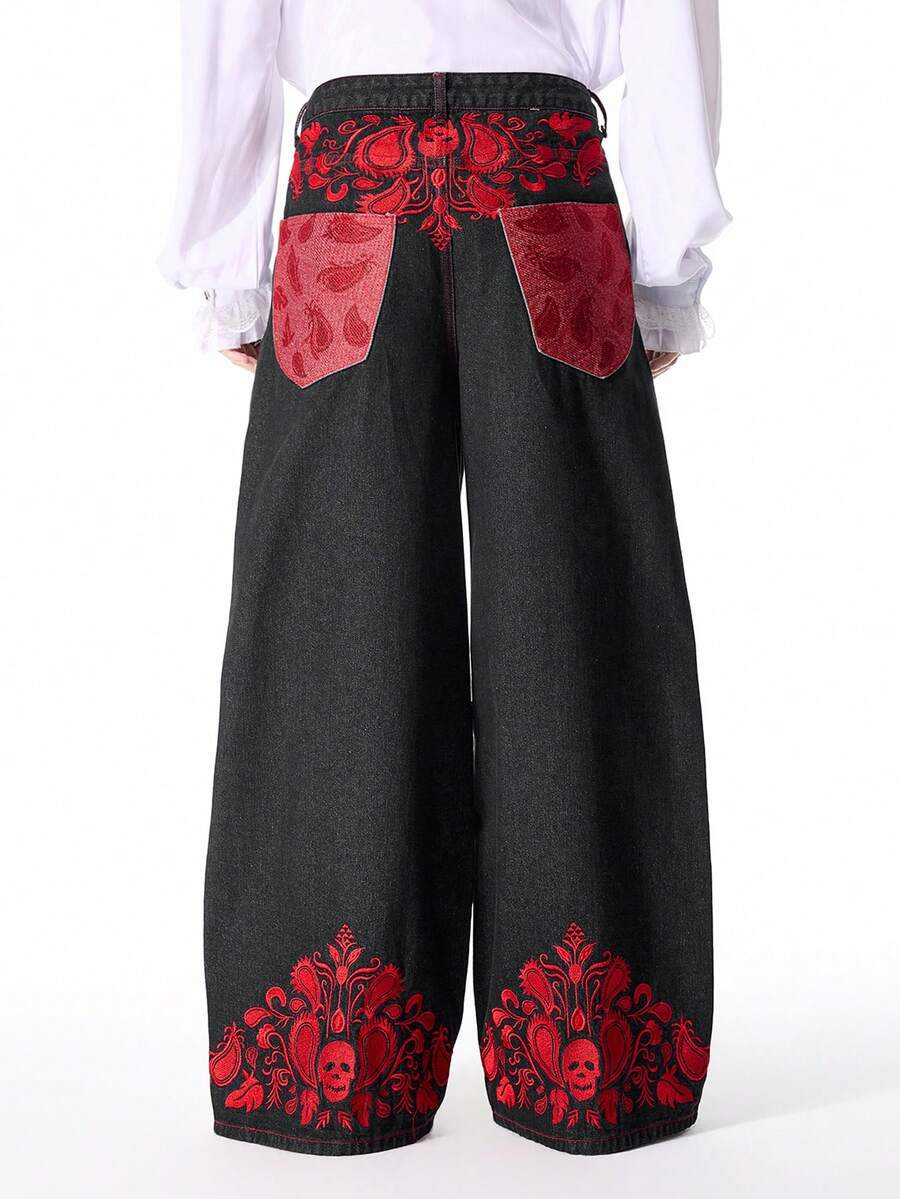 ROMWE MEN 男士刺繡圖案寬鬆牛仔長褲 - 黑色 - 查看 1