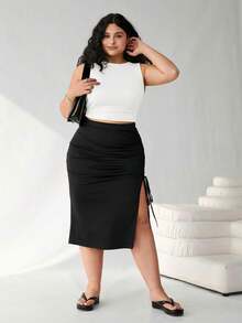 Solflare 2pcs/Set Plus Size Women Black Sleeveless Tank Top & Drawstring Waist Skirt Clothes, Spring Summer - Black and White - View 3