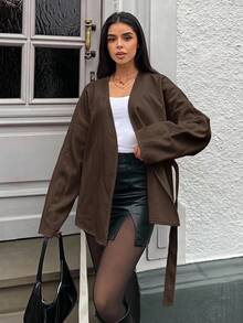 MainGRL Lace-Up Overcoat, Minimalist Fashion Casual Everyday In Fall/Winter - Brown - View 6