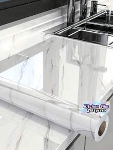1 Roll White Marble Pattern Kitchen Oil-Proof Peel And Stick Removable Waterproof Countertop Paper, …Suitable For Cabinets, Furniture, Kitchen, - A - View 1