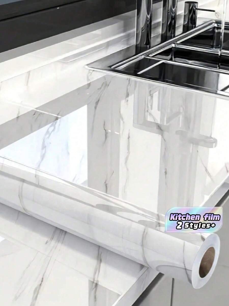 1 Roll White Marble Pattern Kitchen Oil-Proof Peel And Stick Removable Waterproof Countertop Paper, …Suitable For Cabinets, Furniture, Kitchen, - A - View 1