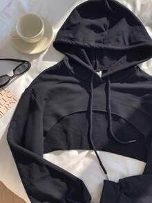 SHEIN EZwear 抽繩設計超短版休閒衛衣，黑白配色，秋冬長袖上衣，海軍藍女款衛衣 - 藏蓝色 - 查看 6