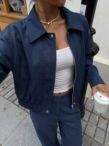 Muchica Women's Solid Color Casual Versatile Daily Long Sleeve Jacket - Navy Blue - View 1