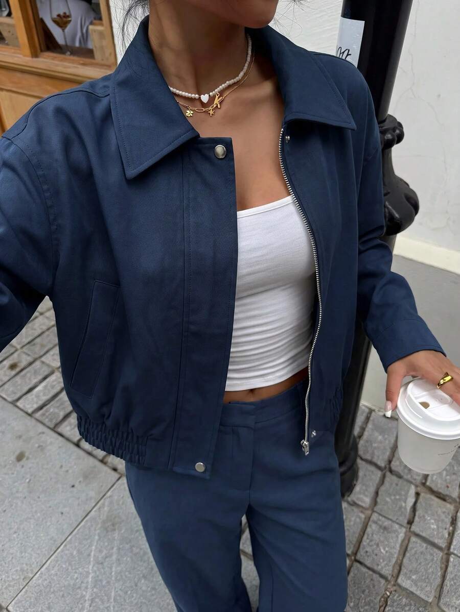 Muchica Women's Solid Color Casual Versatile Daily Long Sleeve Jacket - Navy Blue - View 1