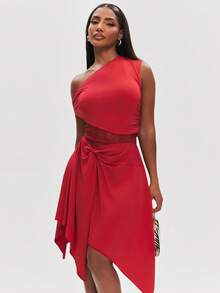NYA SZN Dress Mini Length One Shoulder Lace Handkerchief Hem High Low Casual Brunch Date Night Summer Red Outfits For Women - Multicolor - View 4