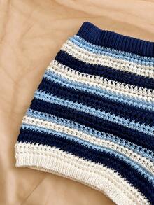 Soleia New Casual Brown Colorblock Bandeau Top & Low Waist Micro Shorts Women's Sweater 2-Piece Set For Afternoon Tea, Date, Clubbing, Holiday Innerwear - Blue - View 6