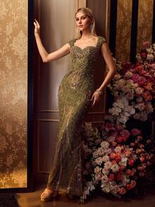 MOTF Soiréza SEQUIN BEADED EAMBROIDERY MERMAID HEM PROM DRESS - Olive Green - View 2