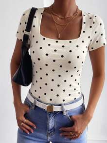DAZY Women's Round Neck Polka Dot Print Ruched Short Sleeve Fitted T-Shirt Cute Tops - Apricot - View 2
