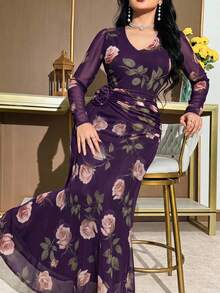Modelyn 大尺碼花卉印花百褶 3D 花朵裝飾長袖度假洋裝 - 紫色 - 查看 3