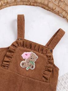 SHEIN 新生女嬰可愛百搭休閒粉色彩虹刺繡秋冬連身衣，適合兒童四季穿著 - 棕色 - 查看 3