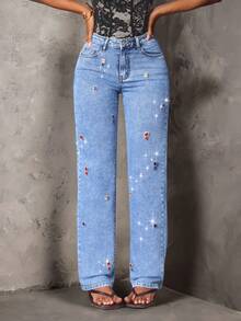 SHEIN SXY Women's Casual Daily Denim Jeans With Pocket, Button And Colorful Rhinestone Decoration - Blue - View 5