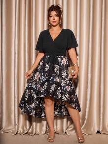 Cravure Plus Size Women's V-Neck Short Hem Asymmetrical Print Dress Wedding Theme Party Guest Evening Formal Black Summer Elegant Celestial - Black - View 7