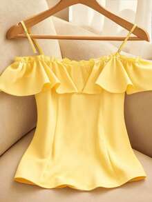 Resyla Plus Size Women Solid Color Ruffle Trim Off Shoulder Blouse - Yellow - View 2