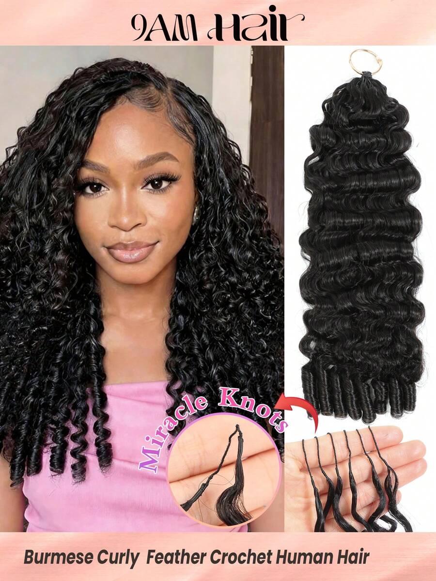 Boho Braids Miracle Knot Human Crochet Hair In 100% Remy Feather Line Crochet Hair Braids Salon Silky Seamless Invisible Natural Black Burmese Curl Miracle Knots Feather Crochet Human Hair Braiding Micro Pre Looped Crochet Human Hair Burmese Curly Extensions - Natural Black - View 1