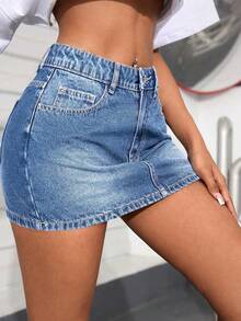 SHEIN PETITE Women's Pocket Bodycon Casual Versatile Denim Skirt - Medium Wash - View 5