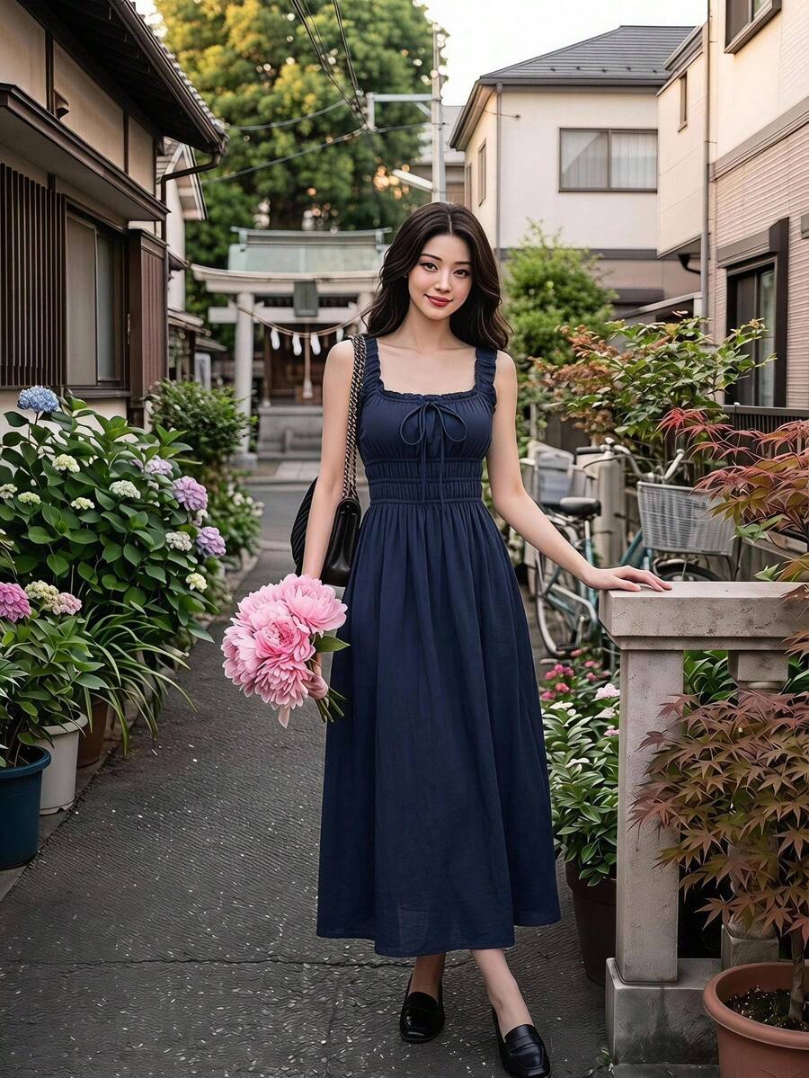 SHEIN MOD Women's Elegant Solid Color Sleeveless Dress, Navy Blue Cami Long Dress With Ruched Bust And Bowknot - Navy Blue - View 1