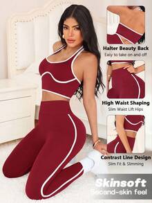 SHEIN Sports 女款滾邊掛脖背心與緊身褲運動套裝 - 酒紅色 - 查看 1