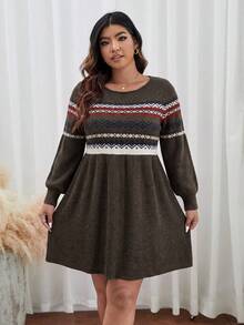 SHEIN Frenchy Plus Size Autumn/Winter Casual Geometric Pattern Knit Dress - Army Green - View 5