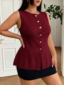 SHEIN EZwear 大尺碼夏季涼感針織酒紅色背心上衣 辦公正式休閒優雅風 - 酒紅色 - 查看 4