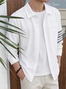 SHEIN Teen Boy Teen Boys Casual Striped Print Basic Collared Long-Sleeve Shirt Suitable For The Fall Back-To-School Season, Preppy Style, White - White - View 6
