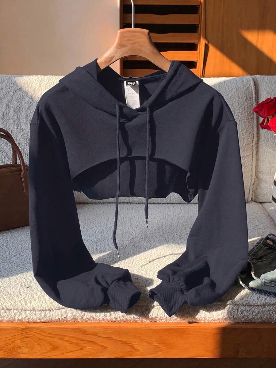 SHEIN EZwear 抽繩設計超短版休閒衛衣,黑白配色,秋冬長袖上衣,海軍藍女款衛衣 - 藏蓝色 - 查看 1