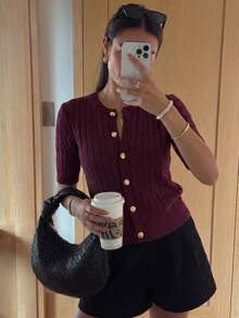 Autumina Women's Spring/Autumn Casual Elegant Young Commute College Ribbed Twisted Rope Knit Short Sleeve Cardigan Office Brunch Burgundy - Burgundy - View 3