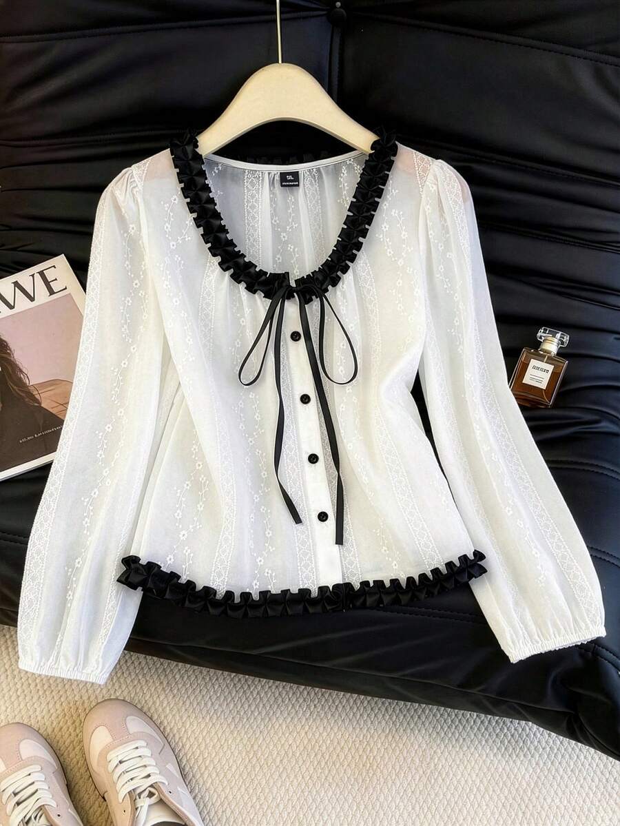 GlowEve CURVE Plus Size Women Black & White Gentle Style Blouse With Ruffle Collar, Button Front, Loose Lantern Sleeves, Short Top For Spring/Summer Daily Wear Fall - Black and White - View 1