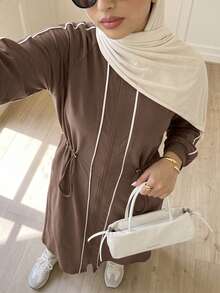 Solavon Women's Minimalist Zipper Contrast Color Drawstring Long Sleeve Arabian Dress - Grey - View 3