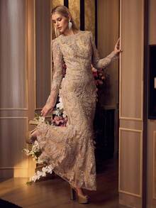 MOTF Soiréza ELEGANT WOMEN 3D FLORAL LONG SLEEVE MERMAID DRESS MAXI GOWN FOR WEDDING GUEST PROM EVENING PARTY - Champagne - View 3