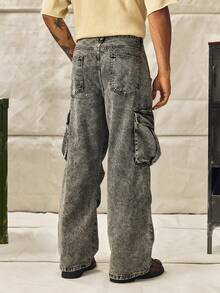 Norleigh Loose Fit Men's Flap Pocket & Side Panel Cargo Jeans (Without Belt) - Grey - View 2