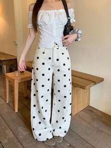 DAZY 女款波點口袋鈕扣休閒日常直筒牛仔褲 - 白色 - 查看 4
